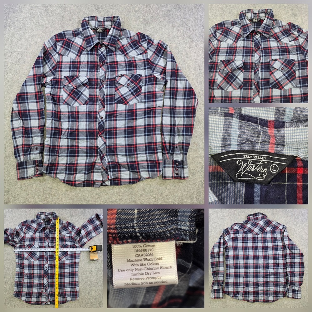 Salt Valley Western Shirt Mens Large Blue Plaid Long Sleeve Snap Button Up